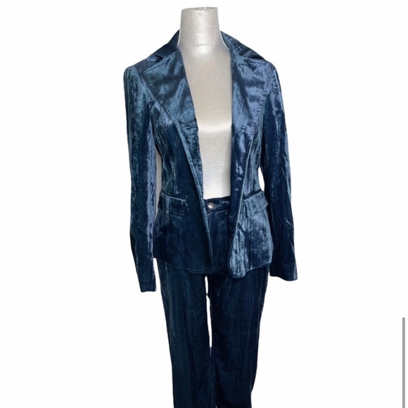Iceberg Jeans Vintage Y2K Blue Velvet Velour Suit Blazer Pant Set 29 40 Italy - Picture 3 of 16